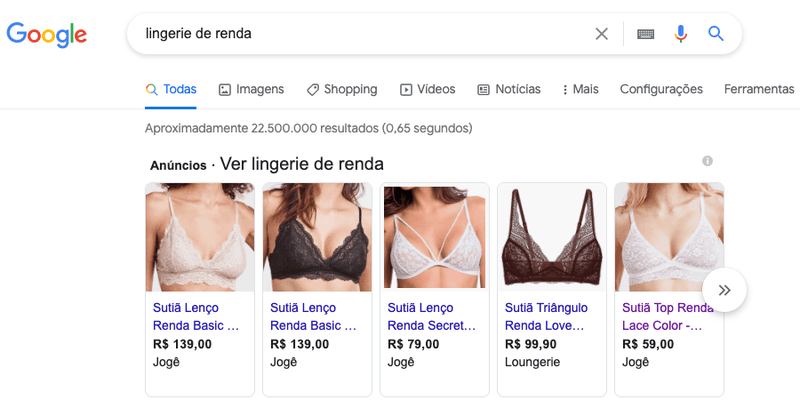 anúncio de lingeries de renda no google shopping