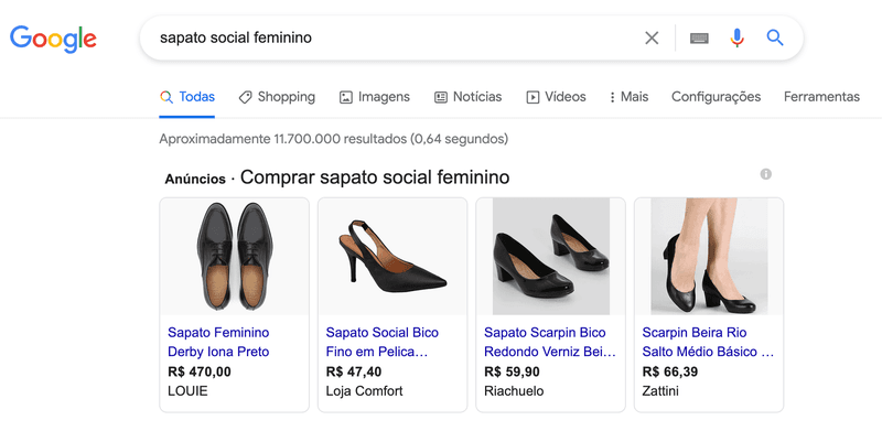 anúncio patrocinado de sapato social feminino no Google Shopping