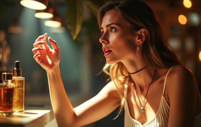 HOMEPAGE 8 Mulher contemplando frascos de óleo em um ambiente iluminado, simbolizando reflexão e escolhas estratégicas – conceito relacionado à criação de ofertas irresistíveis e valor agregado.