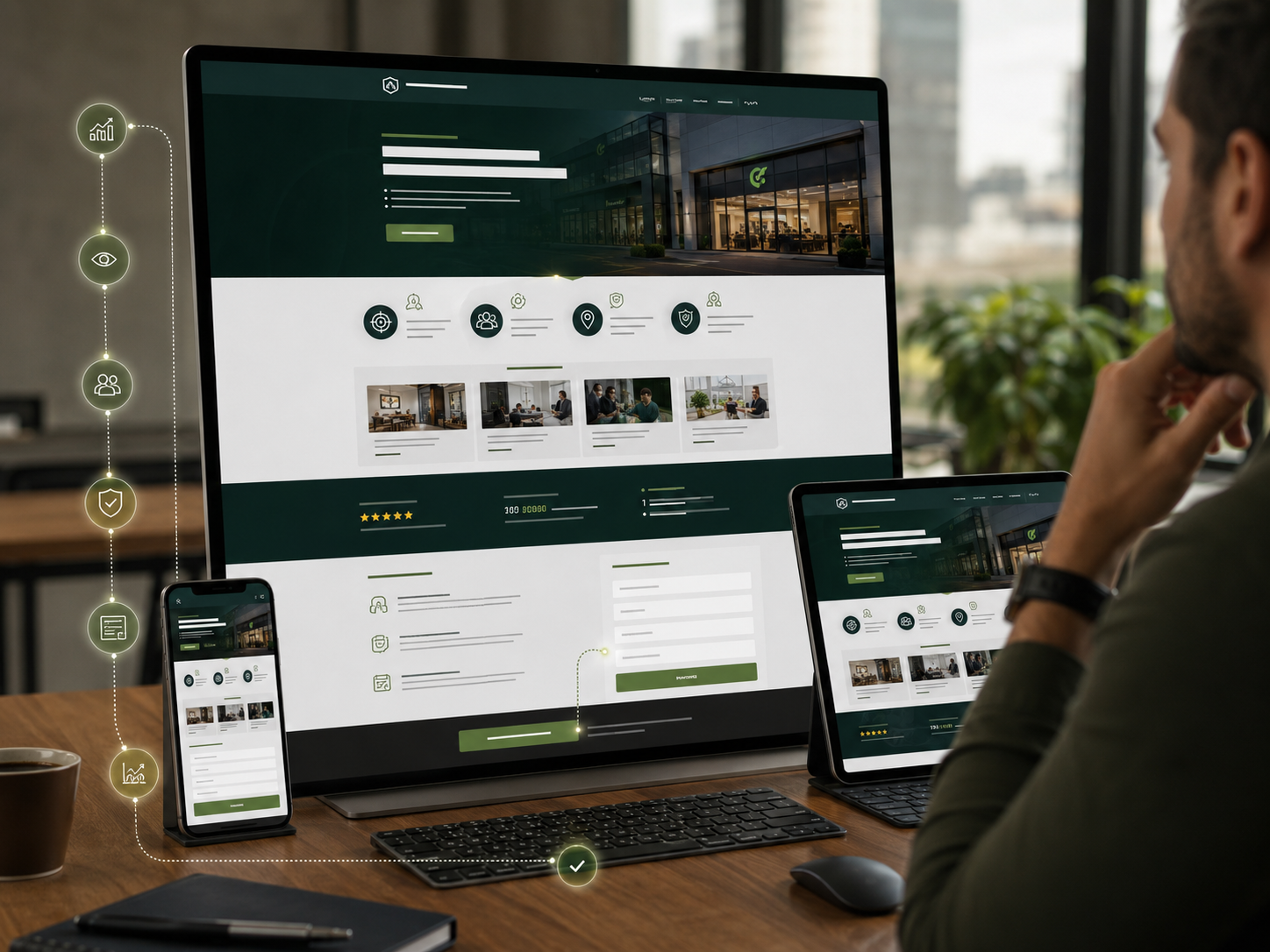 Landing Page exibida em desktop e mobile, com hierarquia visual, prova, CTA, formulário e elementos de mensuração.
