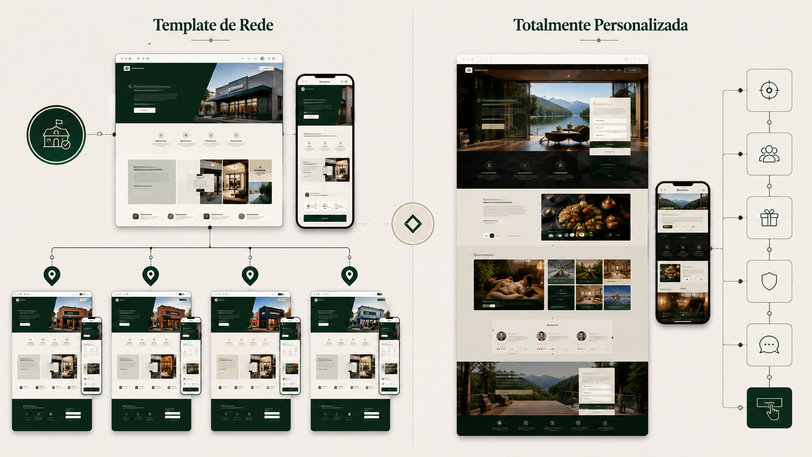 Comparação entre uma Landing Page baseada em template de rede e uma Landing Page totalmente personalizada.