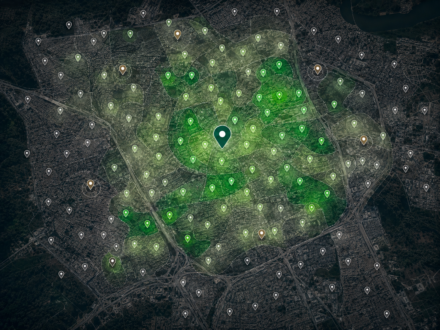 Mapa de visibilidade geográfica do SEO Local, mostrando diferenças de posicionamento entre pontos do território.