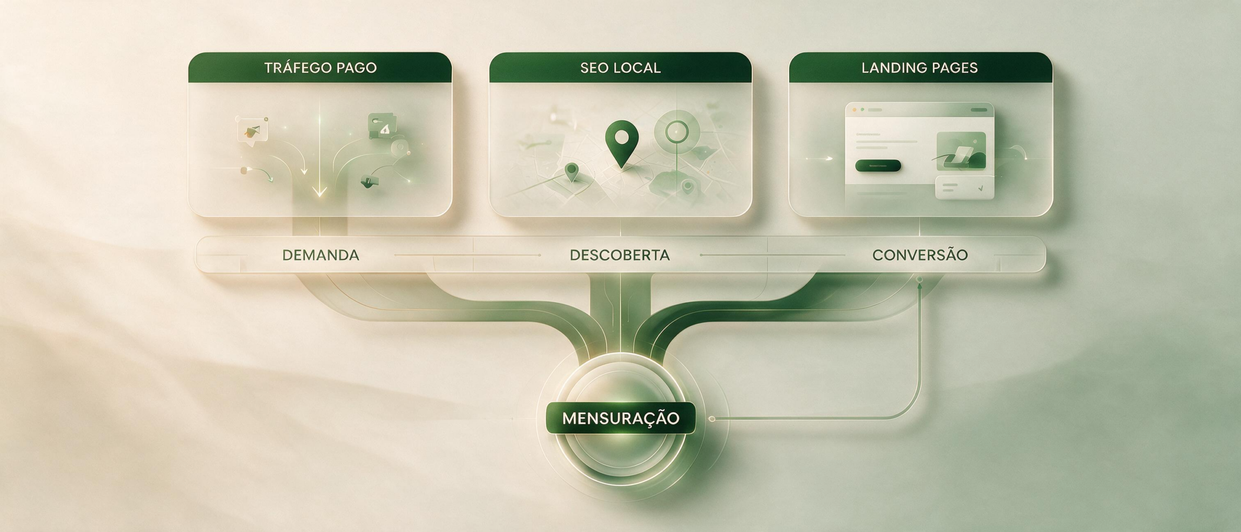 Sistema integrado de aquisição conectando tráfego pago, descoberta local, landing page e mensuração por unidade.