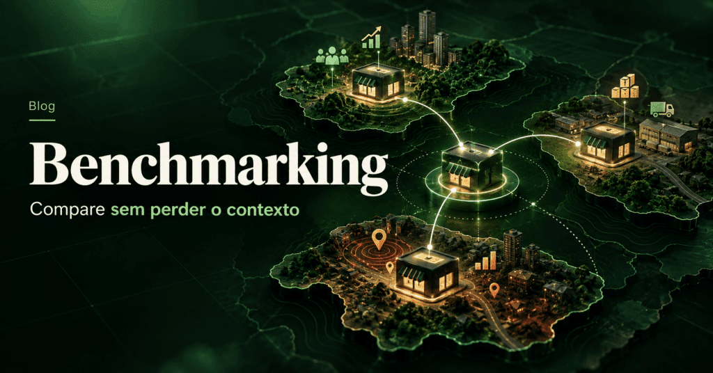 Ilustração editorial de benchmarking em franquias, mostrando unidades da mesma rede em contextos locais diferentes para comparar desempenho sem ignorar praça, operação e maturidade.
