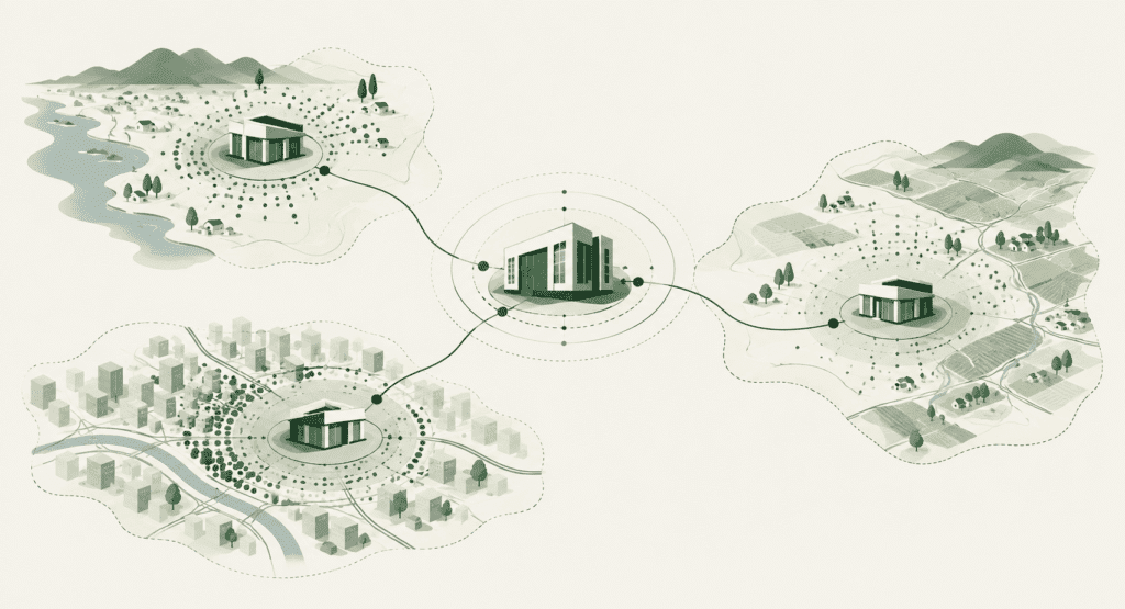 Ilustração de três unidades conectadas a uma mesma rede central, cada uma inserida em territórios com contextos visuais diferentes, representando que unidades da mesma rede podem ter resultados diferentes conforme demanda, investimento e realidade local.