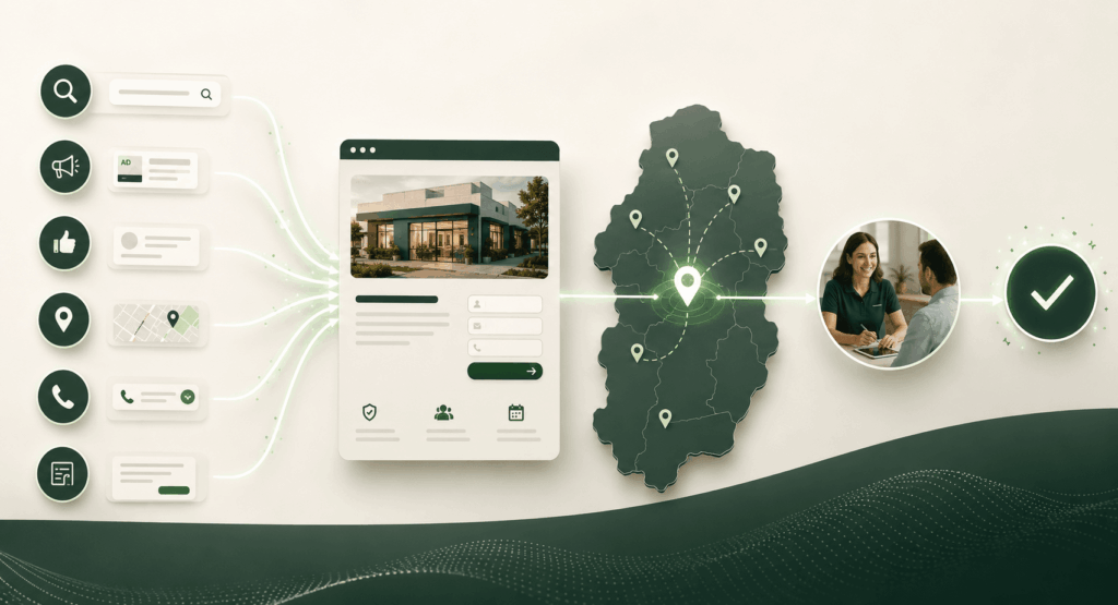 Fluxo de aquisição conectando origem do tráfego, landing page, unidade responsável e desfecho comercial.