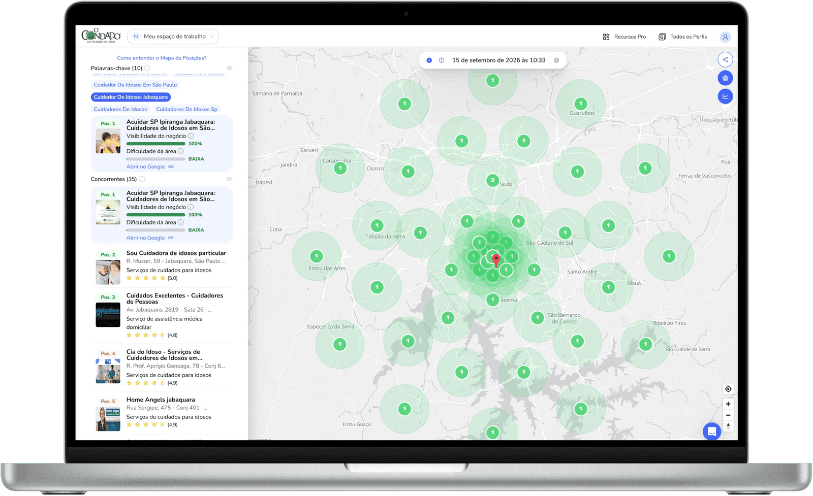 Mapa de posicionamento de SEO Local mostrando a visibilidade geográfica de uma unidade no Google Maps para palavras-chave estratégicas em diferentes pontos do território.