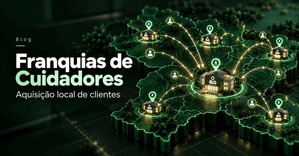 Ilustração editorial em tons de verde mostrando unidades de uma rede de franquias de cuidadores conectadas em diferentes territórios, representando a aquisição local de clientes.