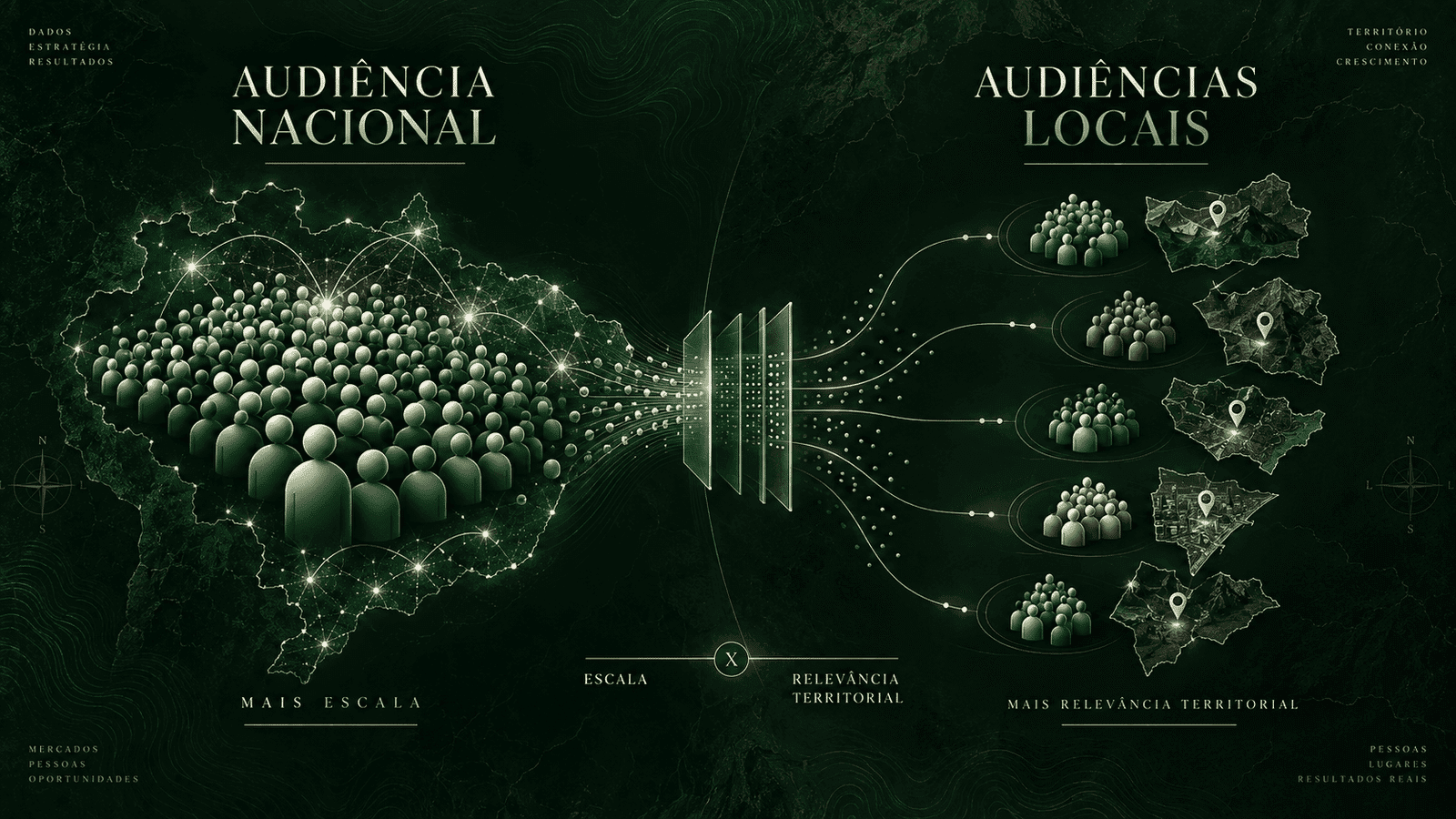 Ilustração comparando uma grande audiência nacional sendo dividida em várias audiências locais menores, evidenciando o trade-off entre escala e relevância territorial.