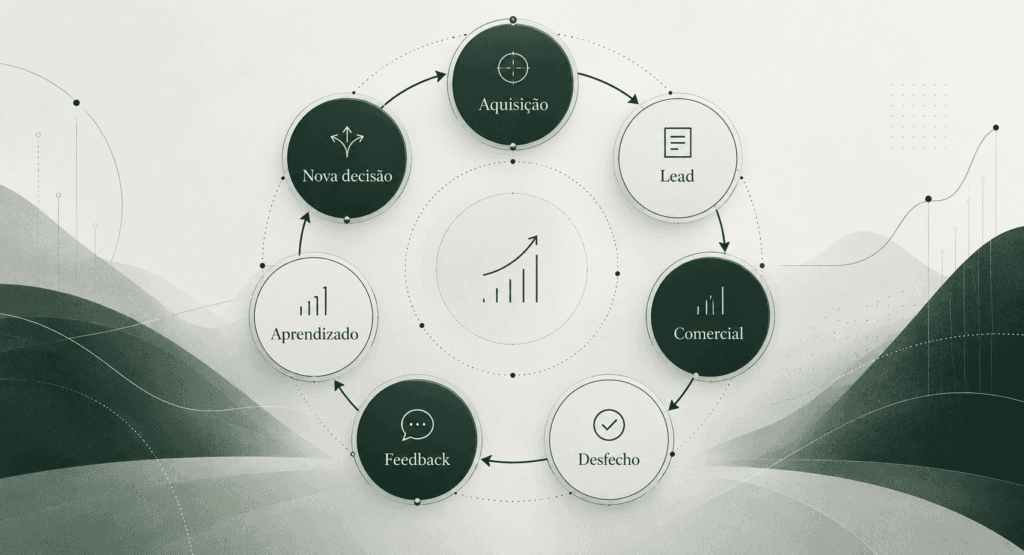 Diagrama circular mostrando o fluxo entre aquisição, lead, comercial, desfecho, feedback, aprendizado e nova decisão, representando um ciclo contínuo de aquisição e melhoria.