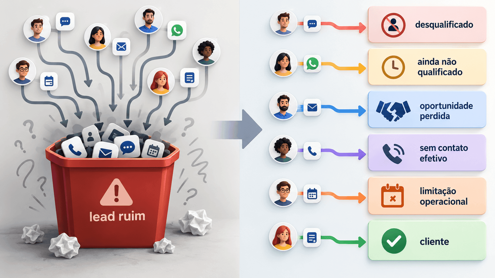 Ilustração mostrando a diferença entre jogar vários casos na categoria de lead ruim e classificá-los corretamente em desqualificado, ainda não qualificado, oportunidade perdida, sem contato efetivo, limitação operacional e cliente