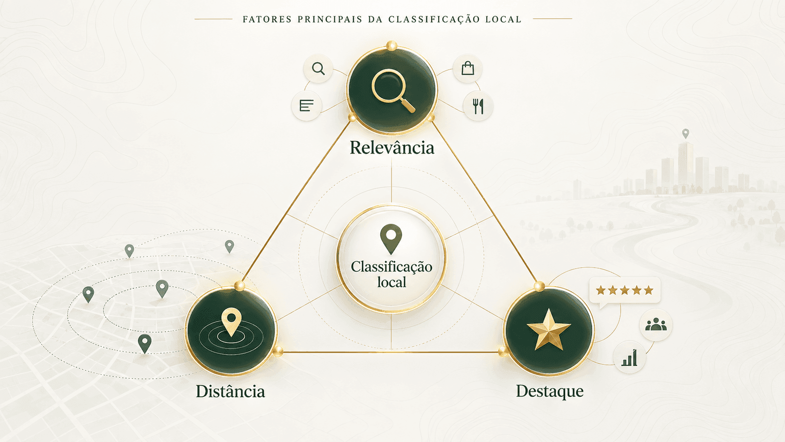 Diagrama triangular mostrando os três principais fatores de classificação local: relevância, distância e destaque, conectados ao posicionamento da empresa nas buscas locais.