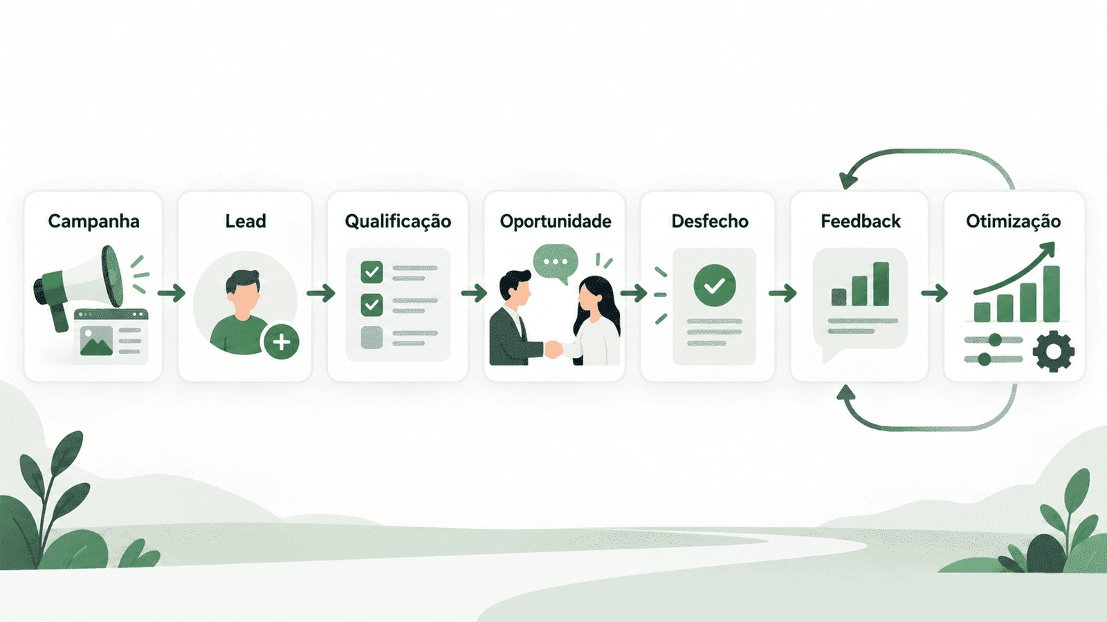 Diagrama mostrando o fluxo entre campanha, lead, qualificação, oportunidade, desfecho, feedback e otimização