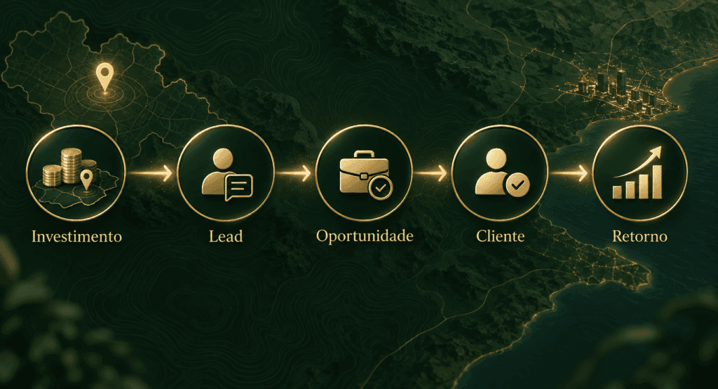 Fluxo visual mostrando a sequência entre investimento em marketing local, lead, oportunidade, cliente e retorno da unidade franqueada.