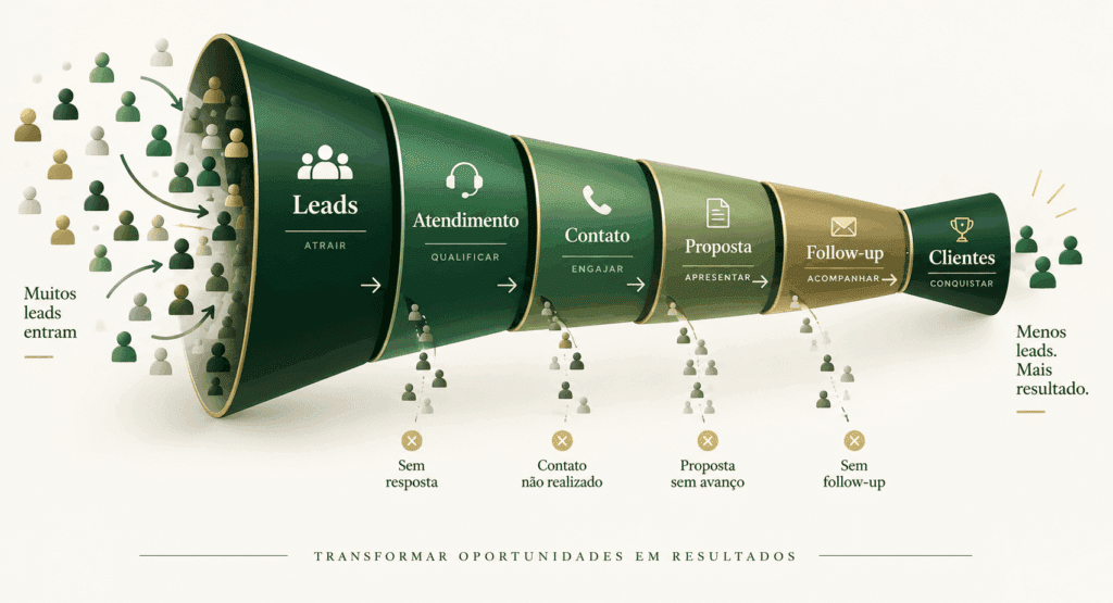 Funil comercial mostrando leads entrando no processo e sendo perdidos em etapas como atendimento, contato, proposta e follow-up antes da conversão em clientes.