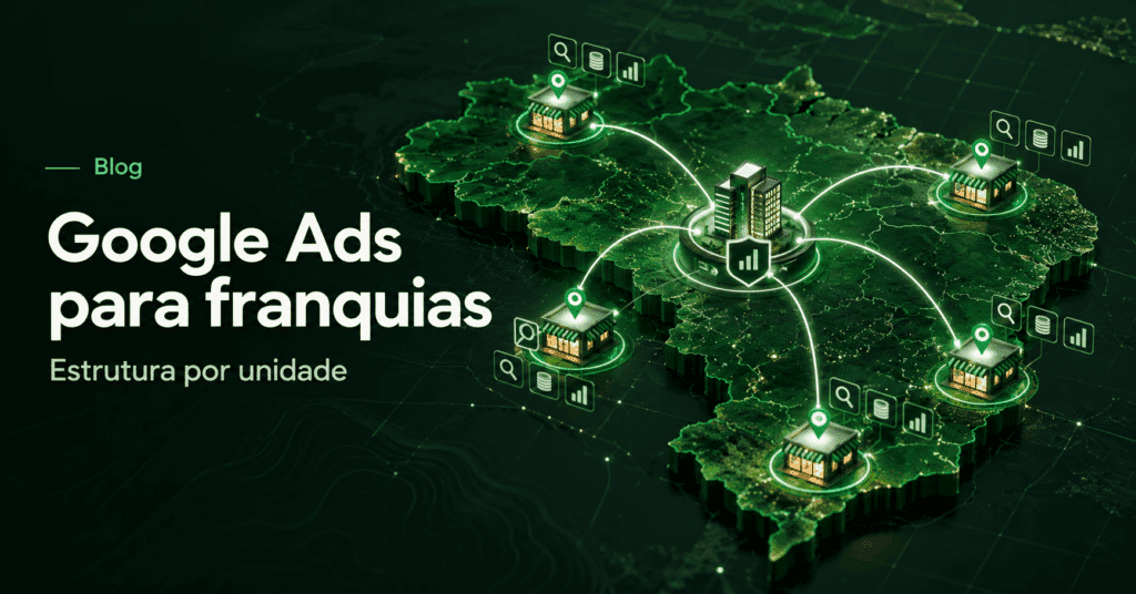 Ilustração editorial de uma rede de franquias com unidades conectadas a uma estrutura central de Google Ads, destacando campanhas, territórios e mensuração por unidade.
