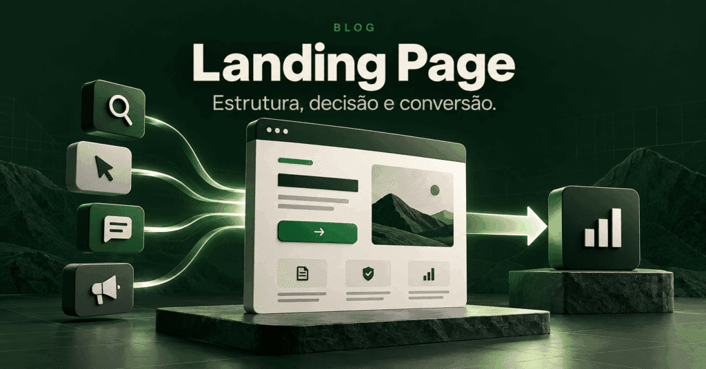 Ilustração editorial de uma landing page conectando diferentes origens de tráfego a uma ação principal e ao resultado da aquisição.