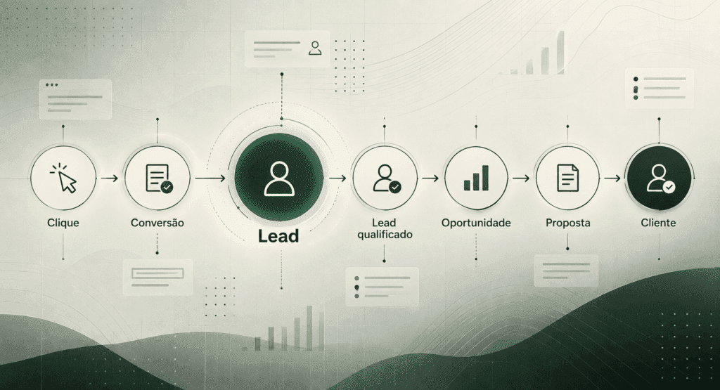 Diagrama mostrando a jornada comercial entre clique, conversão, lead, lead qualificado, oportunidade, proposta e cliente, com destaque para o lead como etapa intermediária do processo.