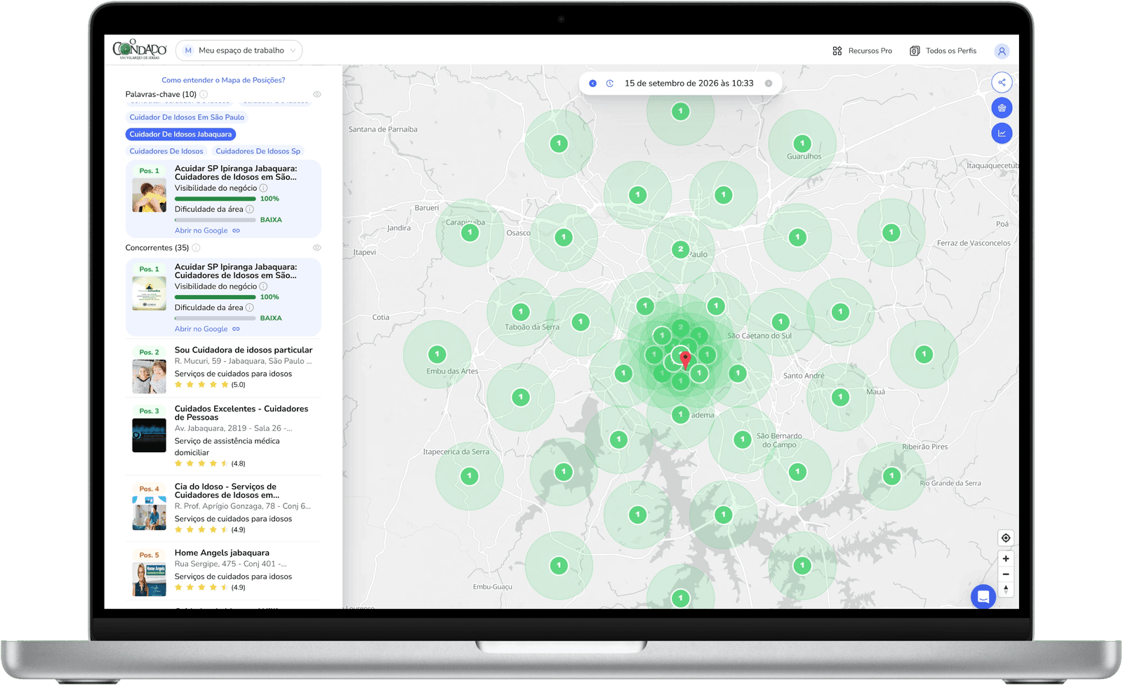 Mapa de posicionamento de SEO Local mostrando a visibilidade de uma unidade de cuidadores no Google Maps em diferentes pontos do território e sua comparação com concorrentes.