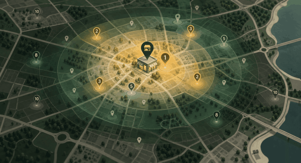 Mapa de visibilidade local mostrando uma unidade franqueada em diferentes posições no Google e Google Maps conforme o ponto do território.