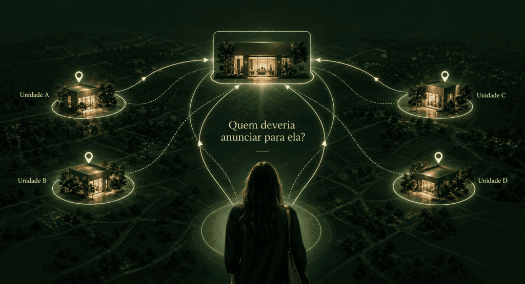 Pessoa visitando um ativo da rede enquanto vários caminhos de reimpacto se conectam a diferentes unidades, ilustrando a dúvida sobre qual unidade deveria anunciar para ela.