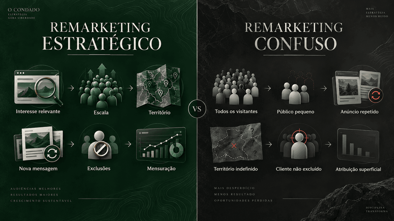 Comparativo visual entre remarketing estratégico e remarketing confuso, mostrando de um lado interesse relevante, escala, território, nova mensagem, exclusões e mensuração, e do outro todos os visitantes, público pequeno, anúncio repetido, território indefinido, cliente não excluído e atribuição superficial.