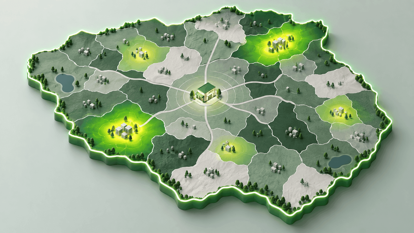 Mapa abstrato de uma única unidade dividida em microrregiões com diferentes níveis de prioridade de mídia paga