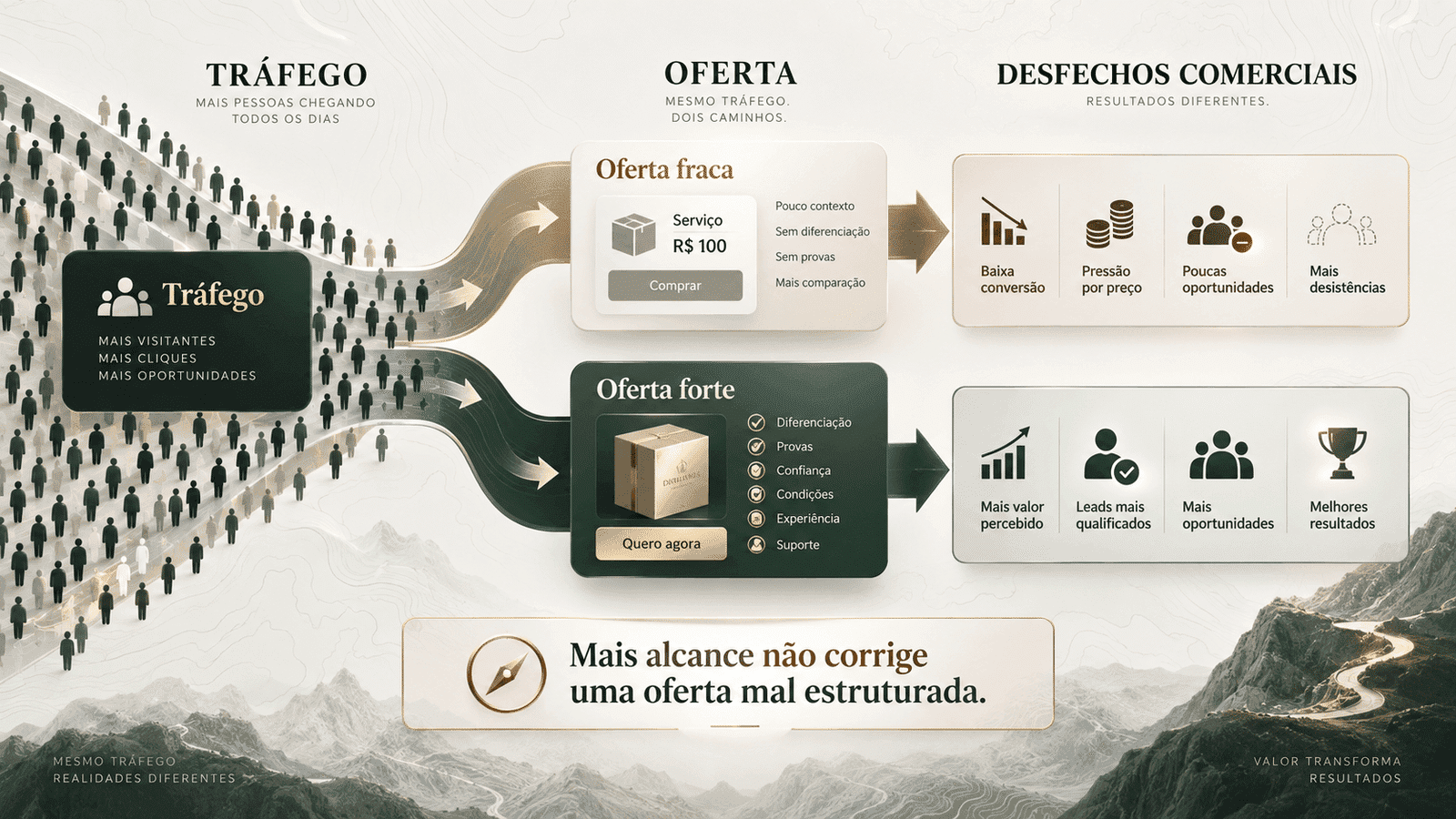 Diagrama mostrando o tráfego se dividindo entre oferta fraca e oferta forte, com desfechos comerciais diferentes, para evidenciar que aumentar alcance não corrige uma oferta mal estruturada.