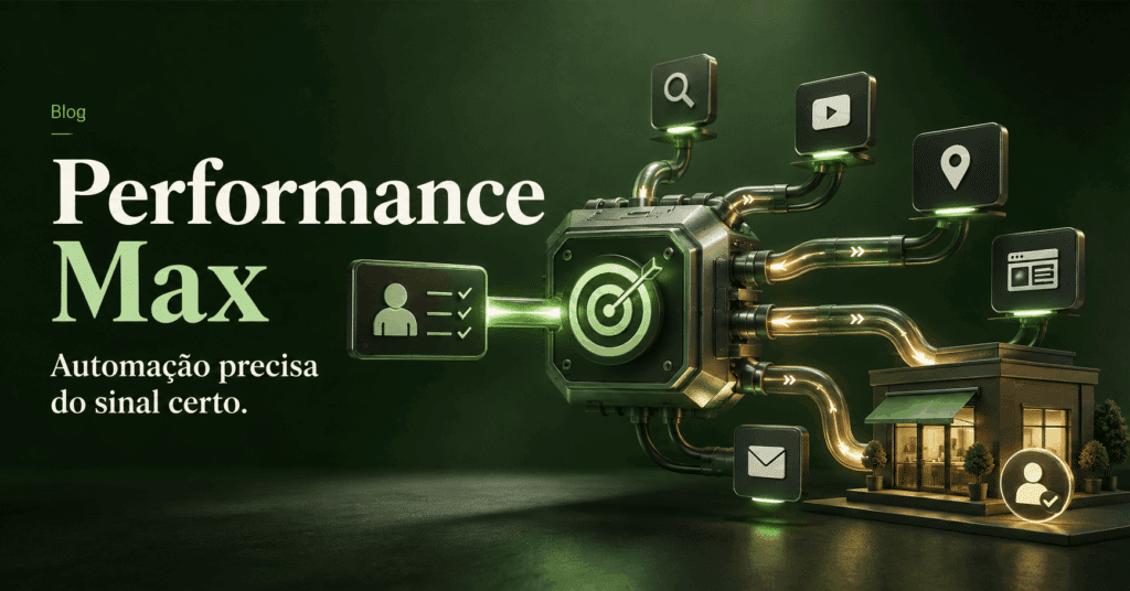 Ilustração editorial sobre Performance Max no Google Ads, mostrando diferentes canais e sinais conectados a uma meta de conversão e ao resultado da unidade.