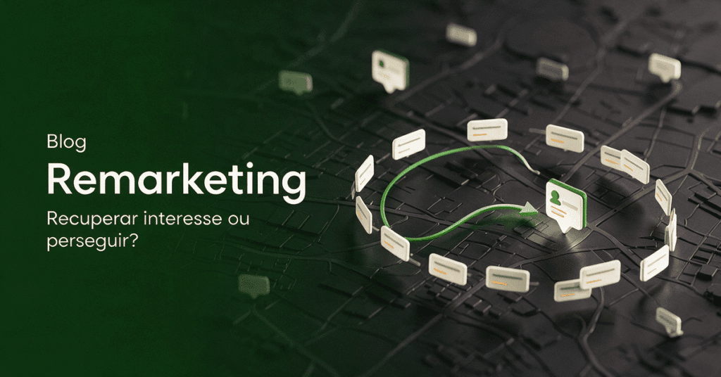 Ilustração editorial sobre remarketing em franquias, contrastando um reengajamento relevante com impactos repetidos sem contexto sobre o mesmo visitante.