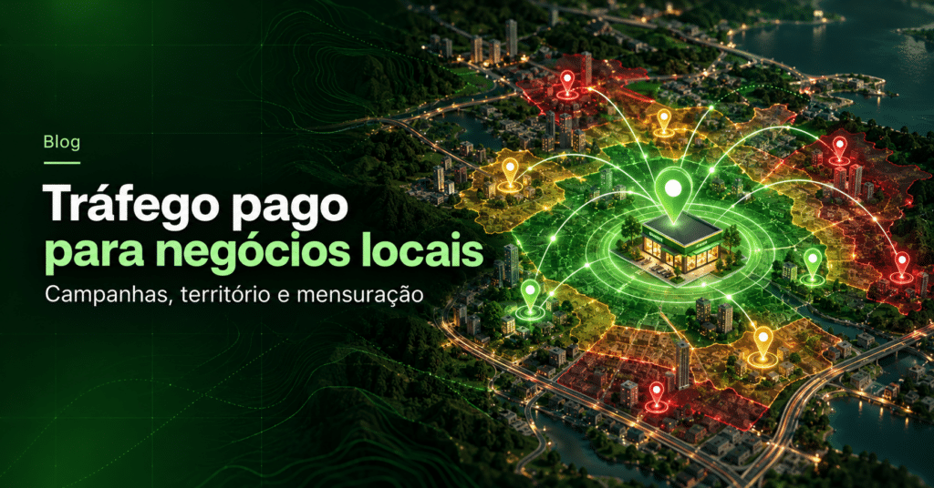 Ilustração editorial sobre tráfego pago para negócios locais, mostrando uma unidade conectada a diferentes regiões do território para representar campanhas, priorização geográfica e mensuração.