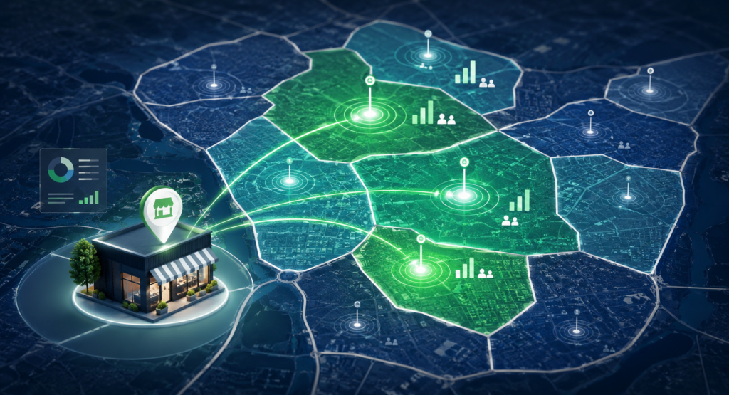 Distribuição de investimento em mídia paga entre diferentes regiões de um território local.