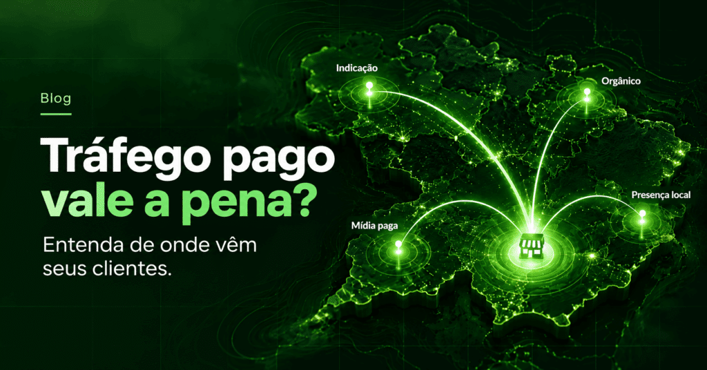 Ilustração editorial de mapa de aquisição mostrando diferentes origens de clientes convergindo para unidades de franquia, representando a análise entre tráfego pago, orgânico e outras fontes.