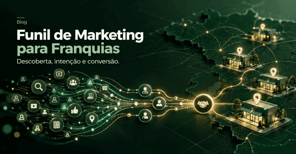 Ilustração editorial de um funil de marketing para franquias conectando descoberta, intenção e conversão até diferentes unidades da rede.
