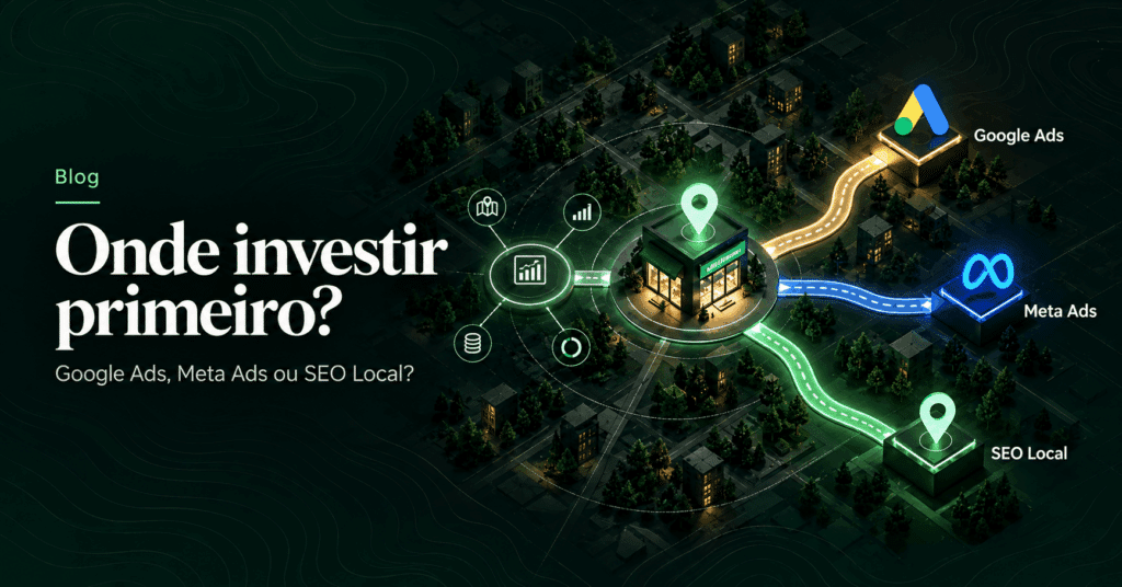 Ilustração editorial comparando Google Ads, Meta Ads e SEO Local como caminhos de aquisição para uma unidade de franquia.