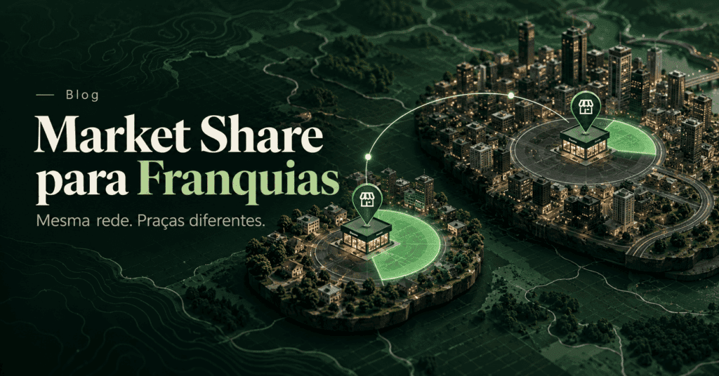 Ilustração editorial mostrando unidades de uma mesma rede em praças diferentes, com participações de mercado distintas em cada território.