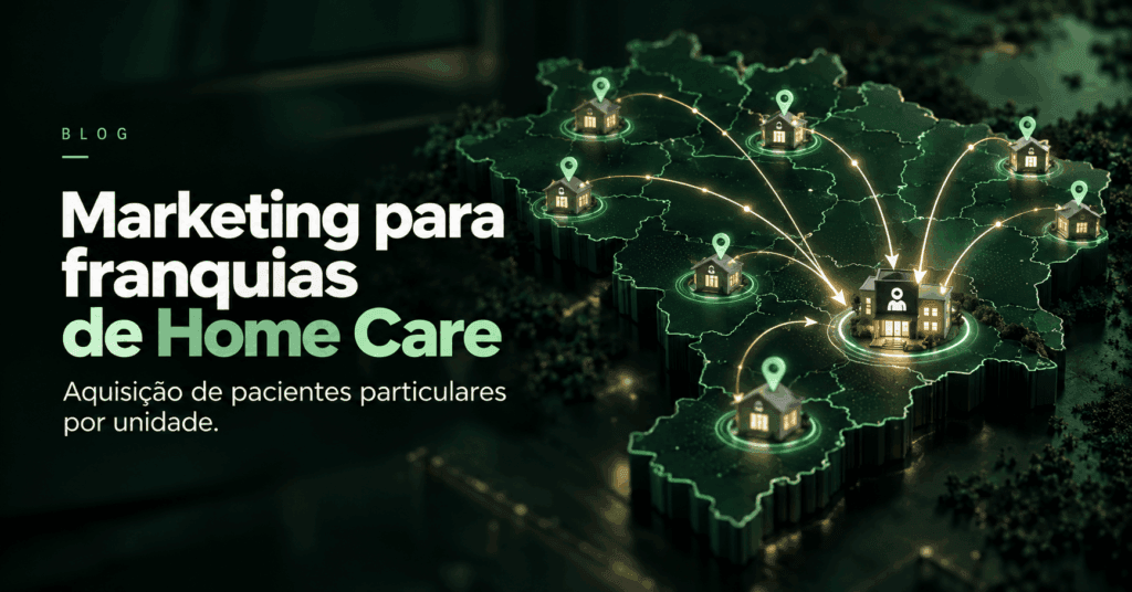 Capa editorial sobre marketing para franquias de home care, mostrando uma rede de unidades conectadas e o fluxo de aquisição de pacientes particulares por unidade.