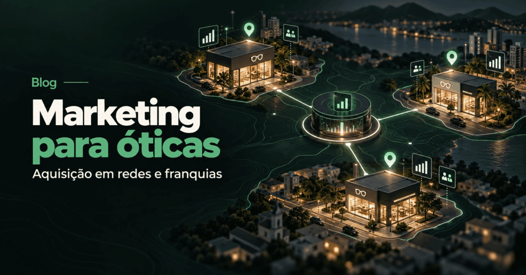 Ilustração editorial sobre marketing para óticas em redes e franquias, mostrando unidades locais conectadas a uma estrutura comum de aquisição.