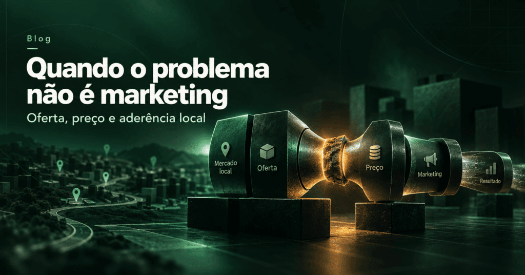 Ilustração editorial mostrando que o resultado de uma franquia pode ser limitado por oferta, preço e aderência ao mercado local, e não apenas pelo marketing.