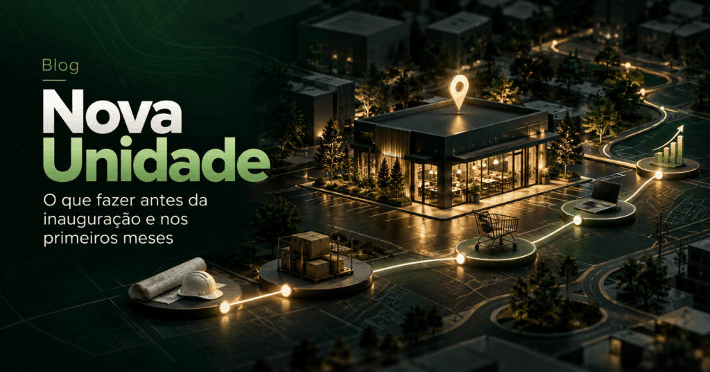 Capa editorial sobre marketing para uma nova unidade de franquia, mostrando a preparação antes da inauguração e a construção da aquisição nos primeiros meses.