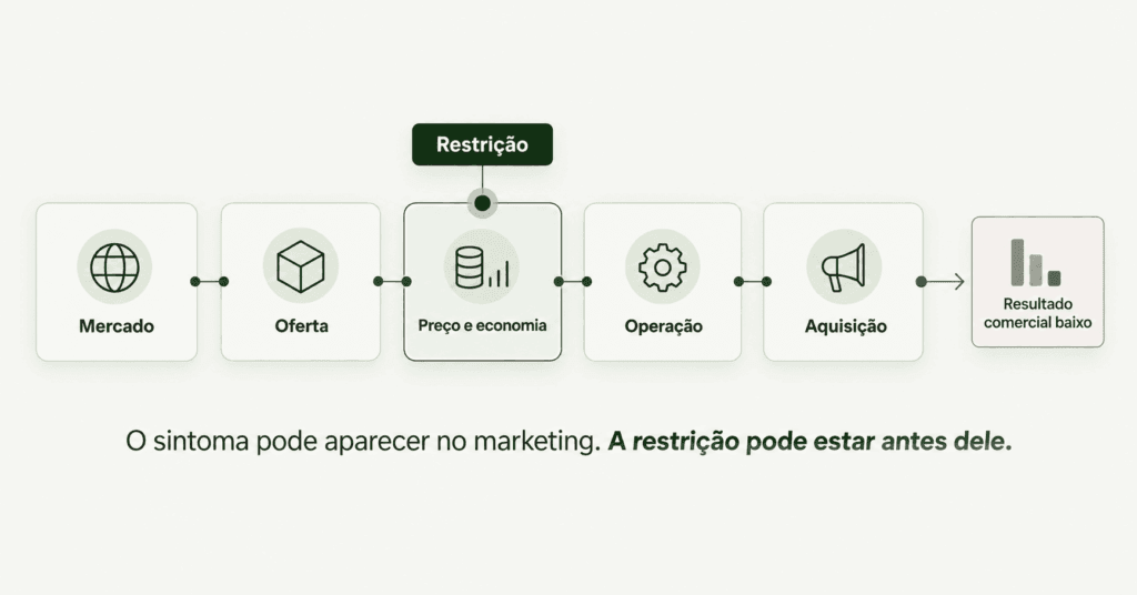 Diagrama com cinco camadas de uma unidade de franquia, mostrando que um resultado ruim pode ter origem em mercado, oferta, preço, operação ou aquisição.