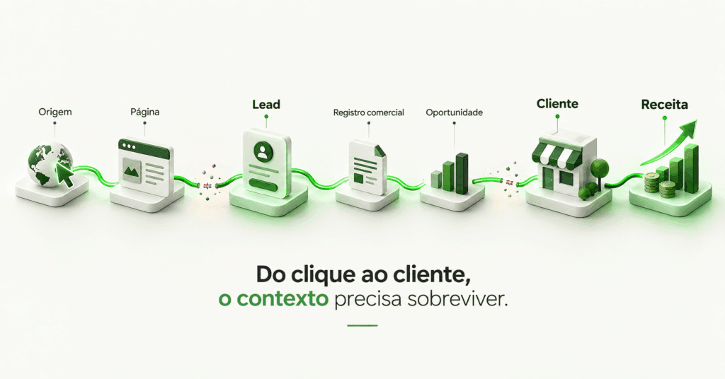 Fluxo de rastreamento conectando origem, lead, processo comercial, cliente e receita em uma unidade de franquia.